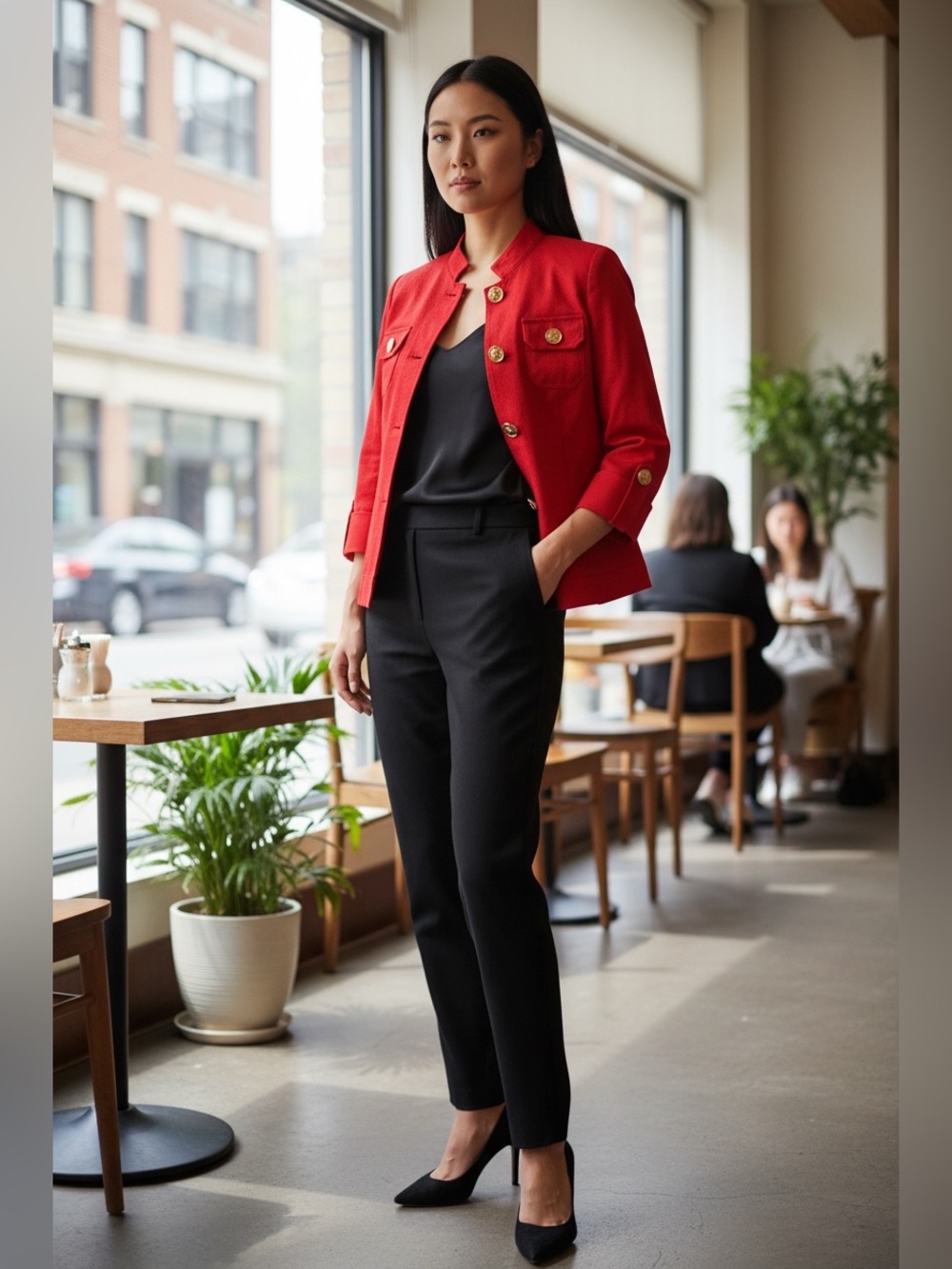 Jones New York Bright Red Jacket with Gold Buttons
